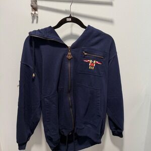 Janeve Nautical Zip Up Hoodie Navy Blue Small Vintage Coastal Sailing Casual